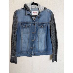 Mossimo Denim Jacket Womens XL Blue Grey Knit Sleeve Hooded Mixed Media